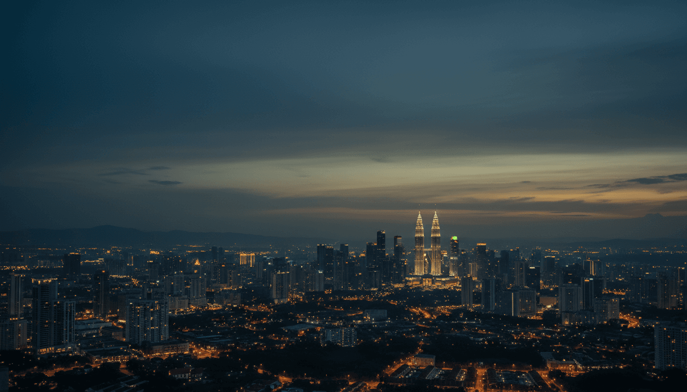 Kuala Lumpur skyline at dusk with Petronas Towers in soft focus