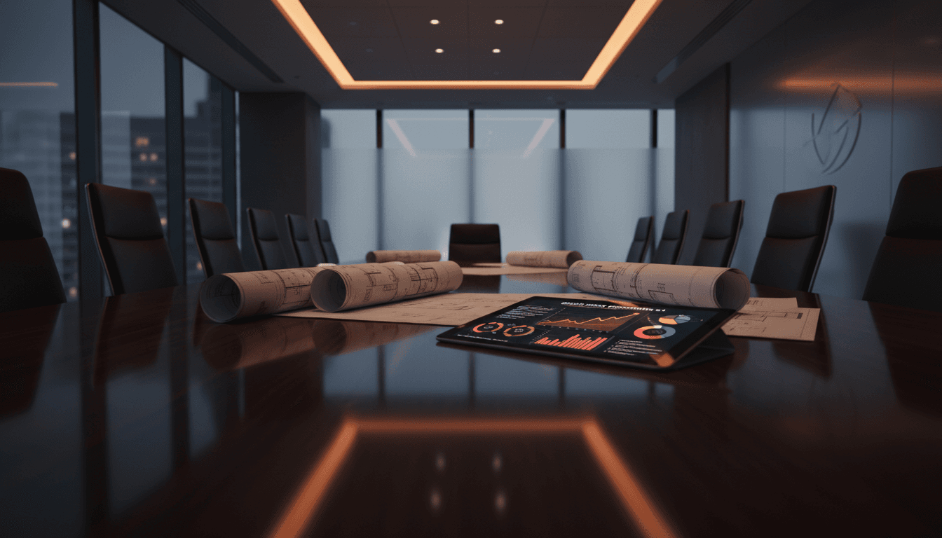 Risk assessment documents and blueprints on a boardroom table in low light