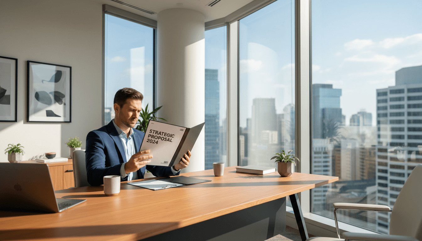 Professional reviewing strategic documents at a desk