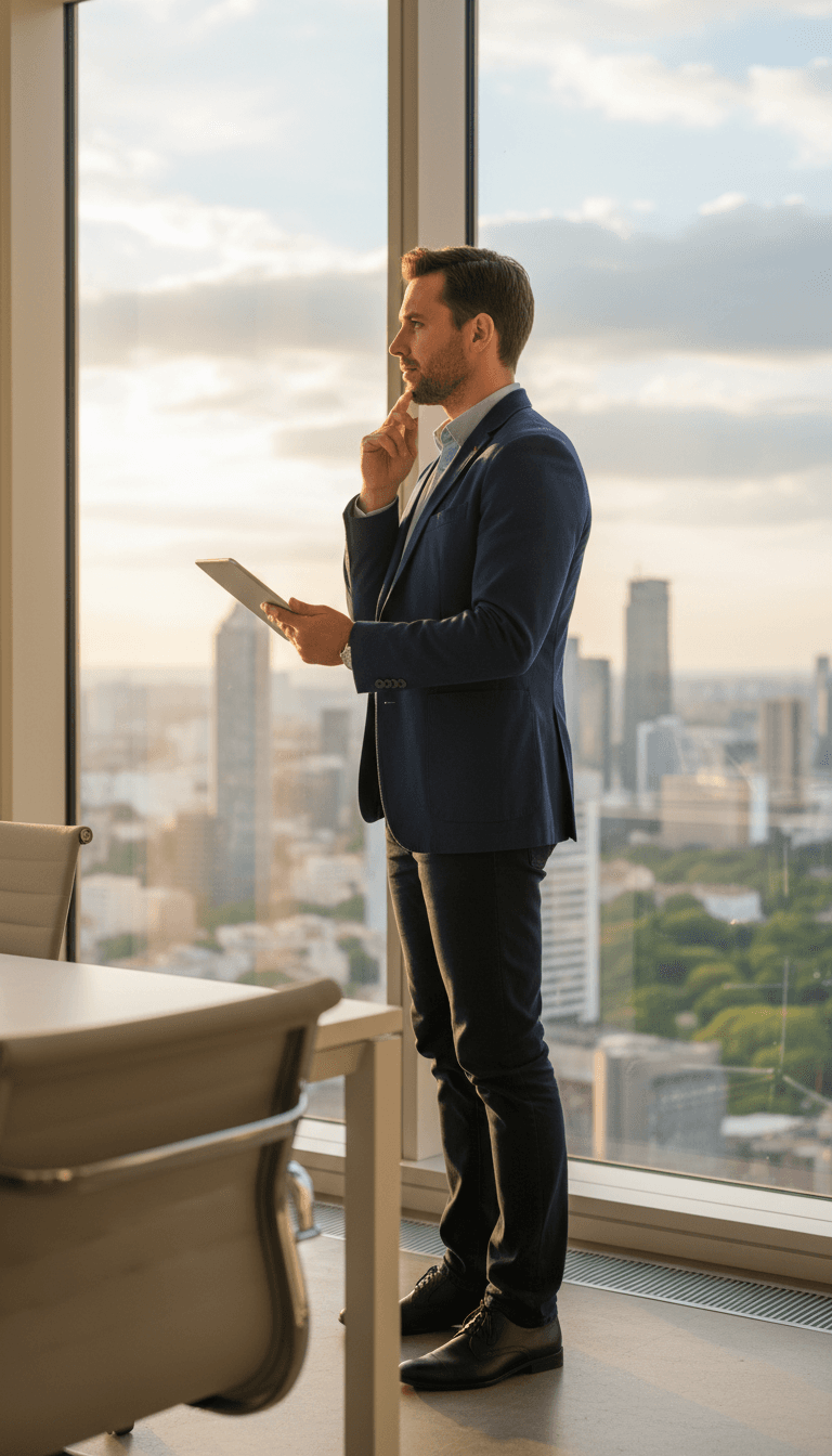 Professional man in a suit standing by a window in a modern office, city skyline softly blurred in the background
