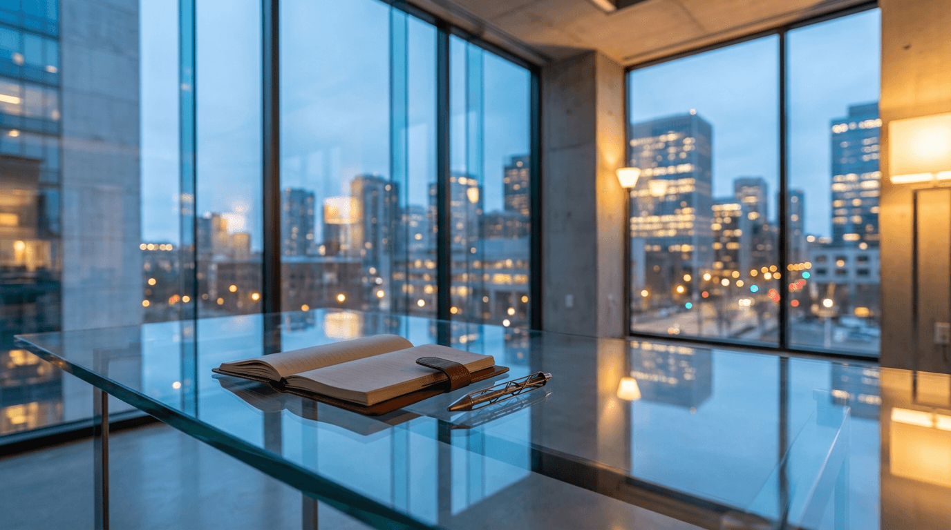 Kuala Lumpur skyline visible through a corporate boardroom window at dusk