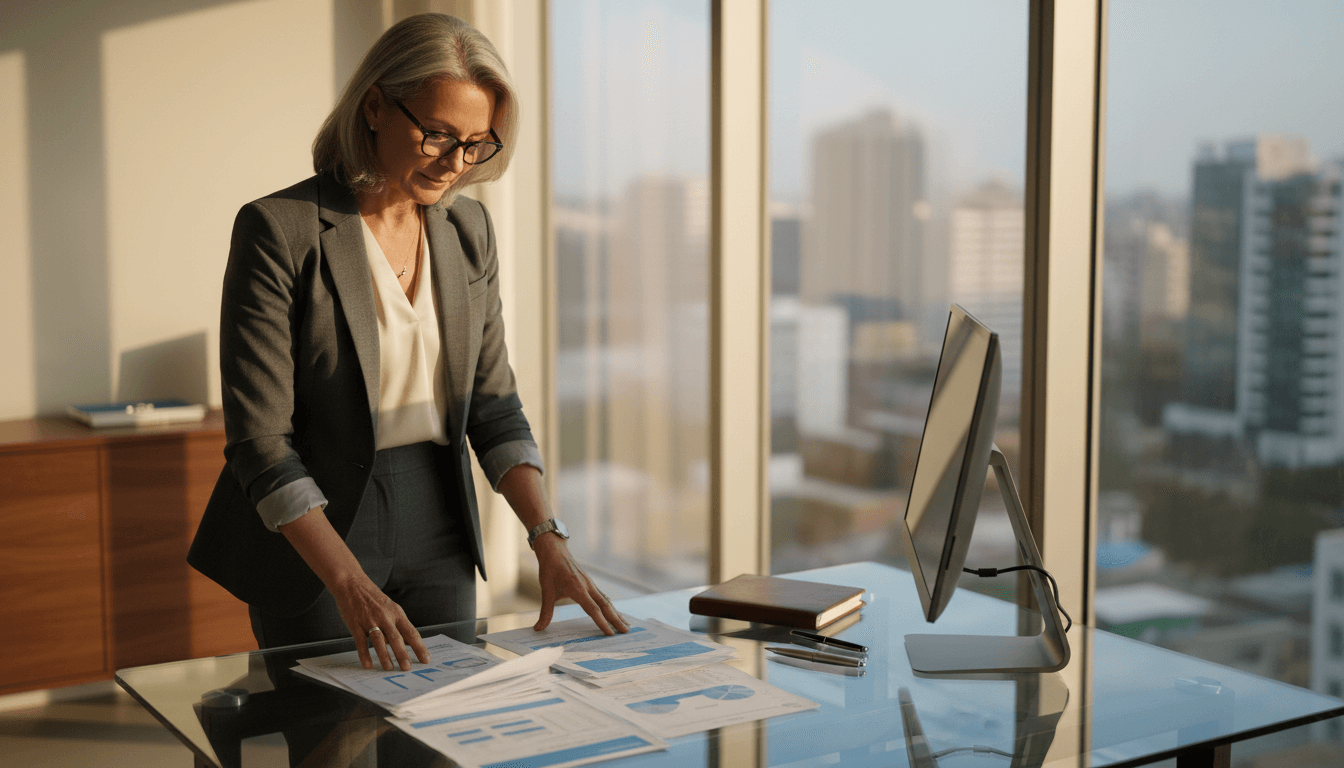 Consultant reviewing governance documents in a boardroom