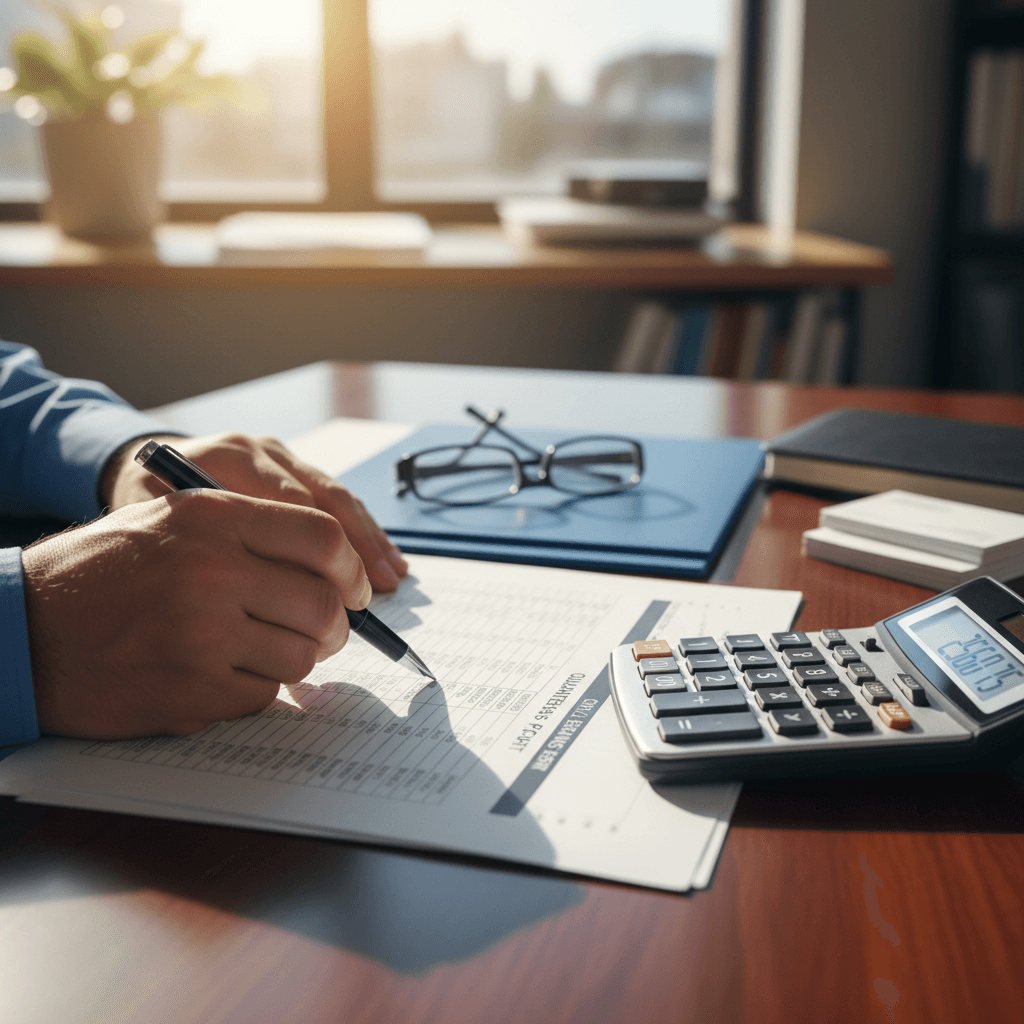 Professional hands reviewing a risk assessment document on a desk