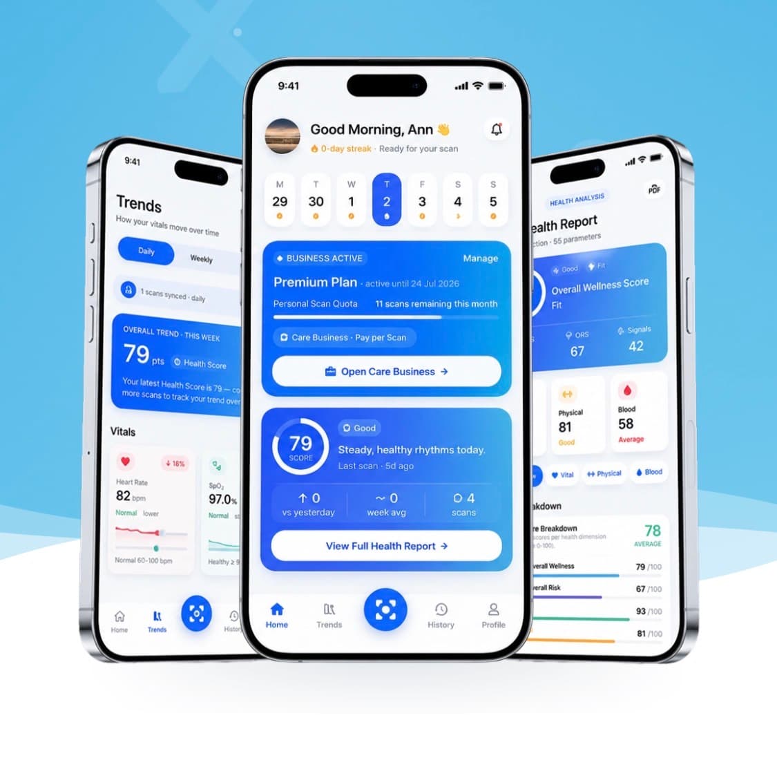 Three smartphones displaying a health tracking app with wellness metrics, charts, and data trends.